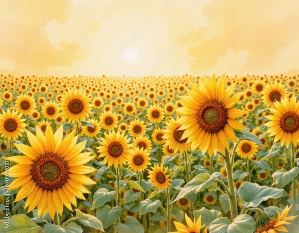 Obraz premium Vivid Sunflower Field Beneath Golden Sunset