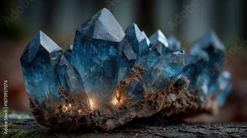 Blue crystal cluster resting on a dark surface with a blurred background.