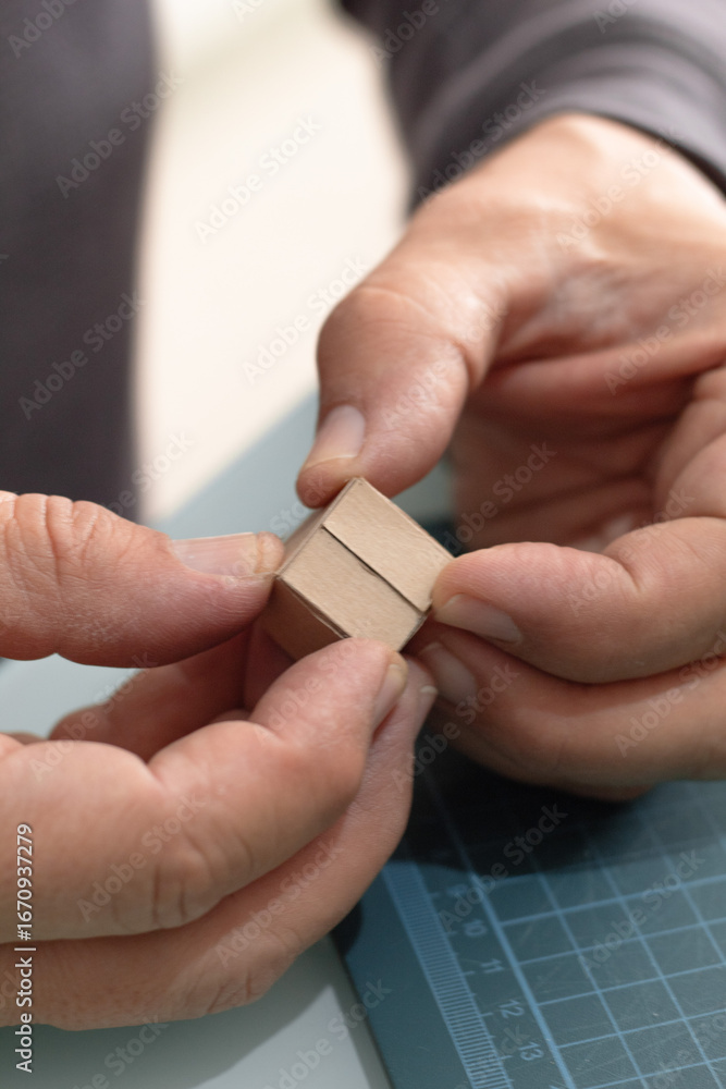 Fototapeta premium Hands showing a newly assembled miniature cardboard box