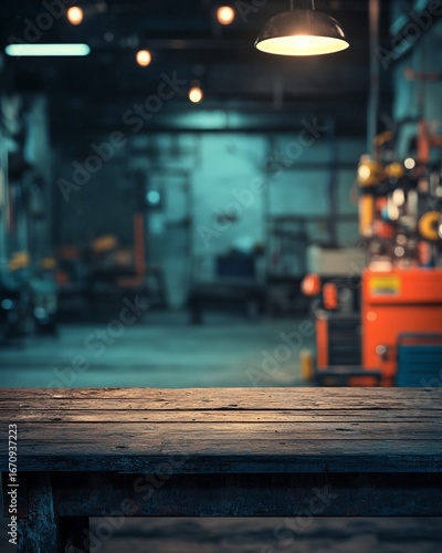 Rustic Wooden Table in Blurred Industrial Workshop Setting