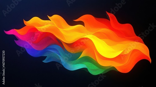 A vibrant wave of colorful flowing shapes on a dark background.