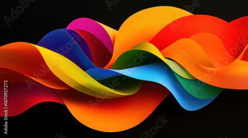A vibrant wave of colorful ribbons flowing gracefully against a dark background.