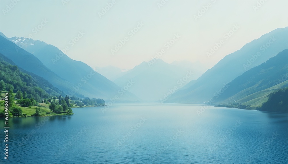 Obraz premium Tranquil Lake Surrounded By Lush Greenery And Mountains