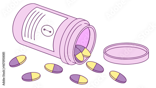 Spilled pills from a bottle medication capsule pharmacy healthcare medicine drug treatment health wellness supplement vitamin container illustration graphic design two-toned pills purple and yellow p.