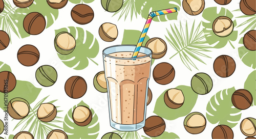 National day of macadamia nut september 4th vector delicious macadamia nut smoothie recipe with tropical leaves background for healthy lifestyle and diet