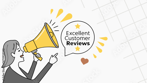 Illustration of a person announcing excellent customer reviews using a megaphone.