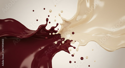 Dynamic collision of rich chocolate and creamy vanilla liquids, creating an exquisite splash pattern with intricate droplets and swirls, symbolizing a delicious blend of contrasting flavors