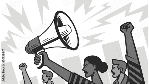Protest demonstration rally activism crowd people megaphone loudspeaker speech announcement voice powerful strong unity togetherness fight rebellion revolution social movement political rights freedo.