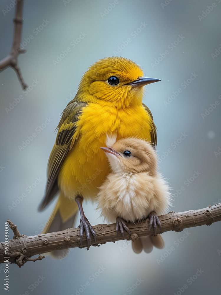 Obraz premium Prothonotary warbler feeding its baby