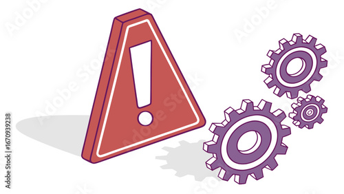 Isometric illustration of warning sign with gears showing malfunction or system error.
