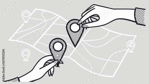 Two Hands Placing Location Markers on a Map Illustration.
