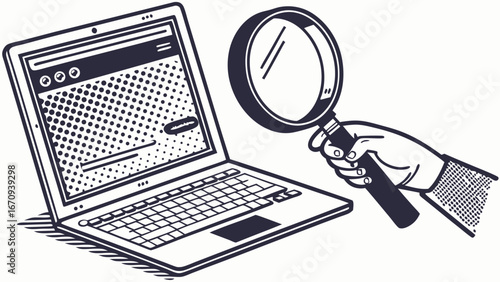 Laptop Screen Magnifying Glass Search Online Investigation Internet Research Digital Technology.