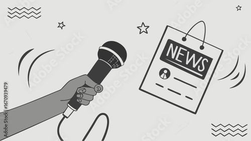 Hand holding microphone with news bulletin illustration broadcasting journalism media announcement communication concept.