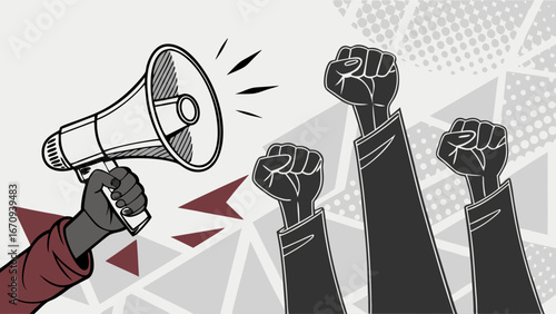 A hand holding a megaphone with raised fists in the background vector illustration of protest demonstration activism and unity.