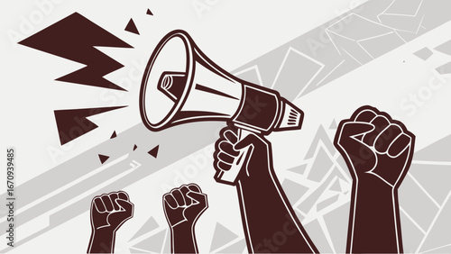 Vector Illustration of a Hand Holding a Megaphone with Raised Fists in Protest.
