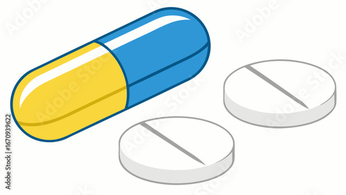 Capsule and Tablets Medicine Pharmacy Healthcare Medical Illustration Pill Drugs Pharmaceutical Treatment Health Wellness Blue and Yellow Capsule White Tablets Medication Dose Pharmacy Icon Medical S.