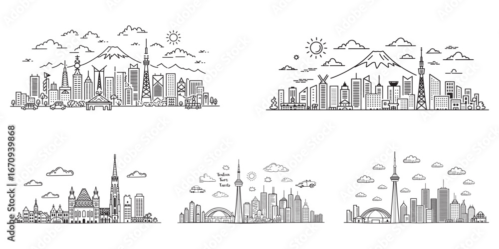 Fototapeta premium Minimalist City Skylines with Mountains, Sun, and Clouds Illustrations