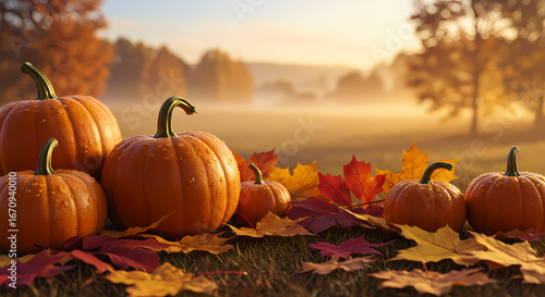 Autumn pumpkins nestled on fallen leaves in a misty field at sunrise