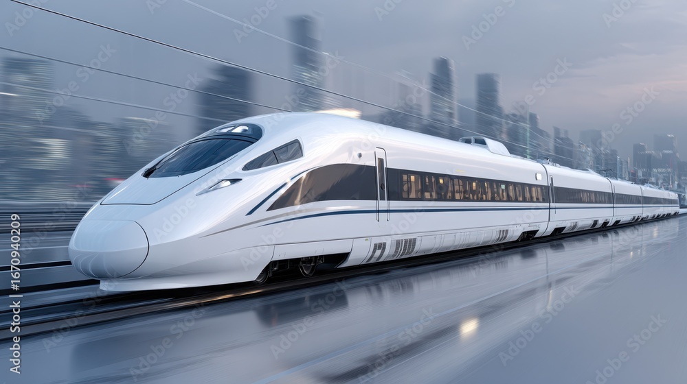 Naklejka premium Medium shot of a sleek highspeed train showcasing futuristic aerodynamic curves and glossy surface reflecting sunlight with blurred background emphasizing motion.