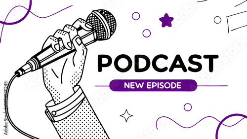 Podcast announcement graphic hand holding microphone new episode illustration modern design vector art social media banner podcast cover audio show broadcasting communication talk show interview disc.