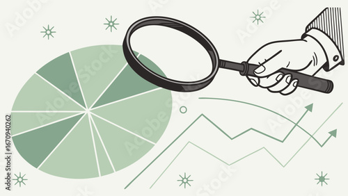 Analyzing Data with Magnifying Glass and Pie Chart Illustration.