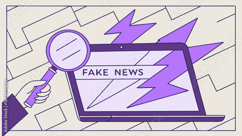 Fake News Detection Laptop Screen with Magnifying Glass Illustration.