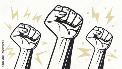 Three Raised Fists Showing Strength Unity and Power Graphic Design Element for Protest Revolution or Social Justice Themes.