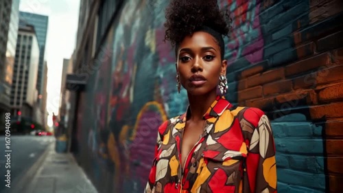 A fashion influencer posing for a street-style shoot in an urban setting