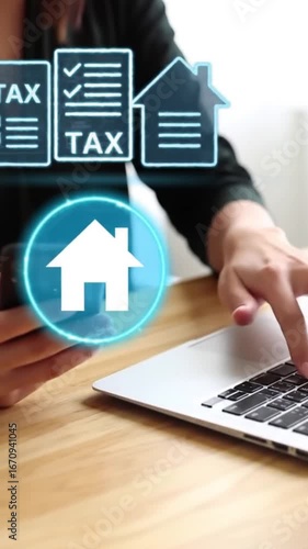 Person managing property taxes and home finances using laptop and smartphone with holographic digital interface icons.