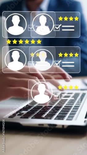 Hands Typing on Laptop Interacting with Online Customer Review and Star Rating System