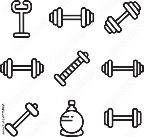 Collection of black outline fitness equipment icons on white background dumbbell barbell