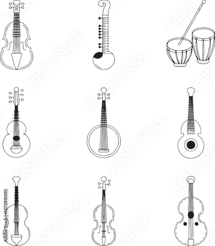 Collection of Hand- Drawn Outline Illustrations of Musical Instruments violin cello