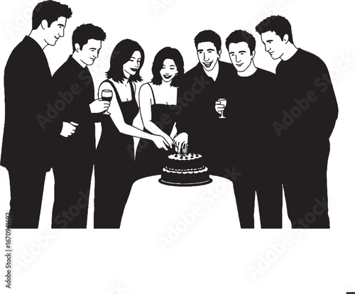 Friends Group Celebrating Birthday or Special Event with Cake and Drinks Monochrome Vector Art