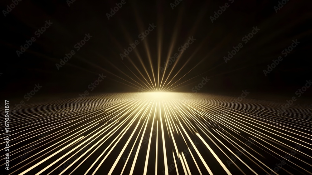 Fototapeta premium Gold lines converging to a central point in a dark background.
