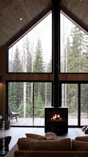 Cabin interior with fireplace and window view of trees in forest