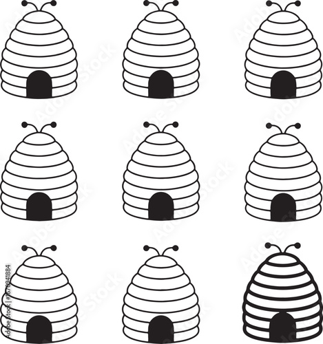 Nine Black And White Beehive Icons Arranged In A Grid apiary beekeeping