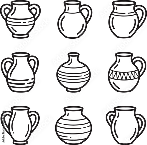 Nine Different Styles of Outline Pottery Vases and Jugs amphora