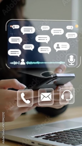 Person Using Smartphone with Holographic AI Communication Interface for Chat, Voice Messages, and Digital Connectivity