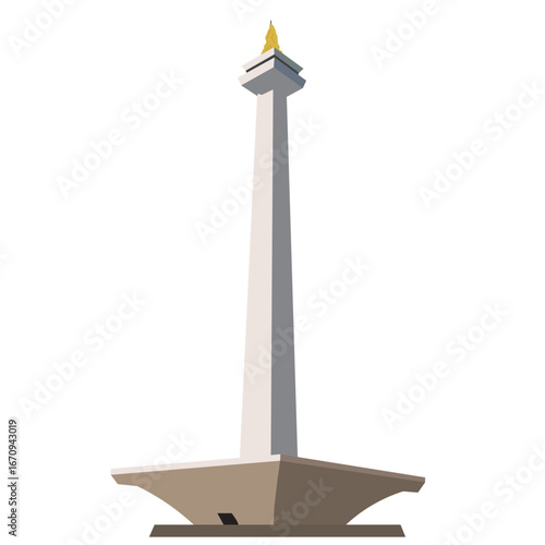 Minimalist vector of Monas, Indonesia’s National Monument. Features tall obelisk with golden flame atop a trapezoidal base, symbolizing independence and national pride