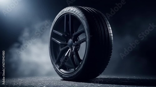 A sleek black tire stands prominently against a dark smoky backdrop Spotlight illuminates the tire emphasizing its modern design and potential speed