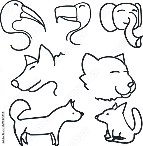 A set of icons in the form of animal heads, including birds, an elephant, a cat and dogs.