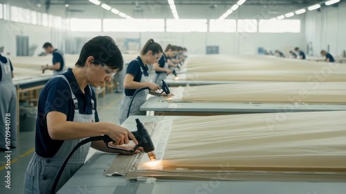 Seamstresslike workers delicately aligning and heatsealing long envelope fabrics preparing giant panels for rigid airship assembly.