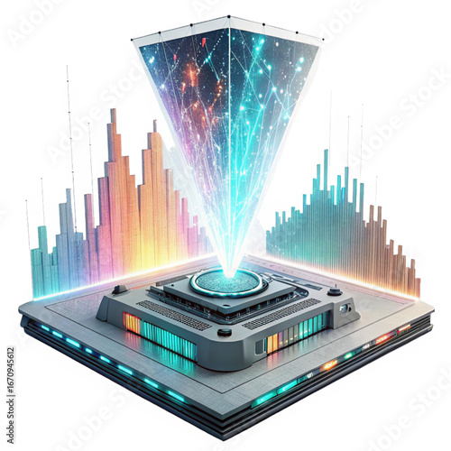 Futuristic data hub projecting holographic display with vibrant city skyline charts, symbolizing innovation and advanced technology solutions