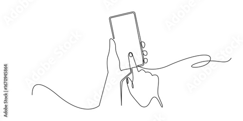 Continuous line drawing of hands holding a smartphone and touching the screen. Minimal one line art representing digital technology, mobile communication, app usage, and modern lifestyle.