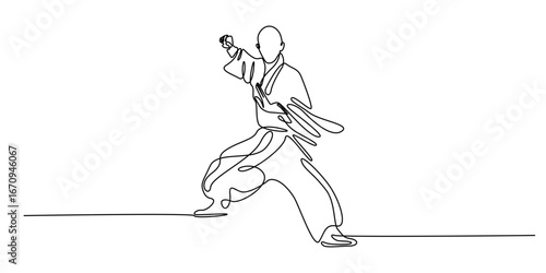 Continuous line Shaolin fighter in ready to attack position. Minimalist one line drawing of kung fu martial artist in traditional robe.