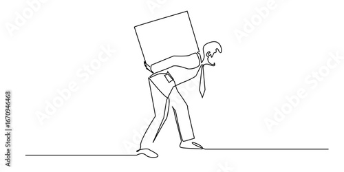 Continuous line drawing of businessman carrying heavy box on his back. One line stressed office worker symbolizing burden, overwork, stress, pressure, and responsibility