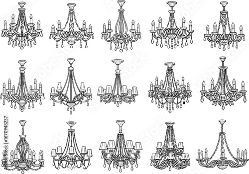 Collection of elegant vintage crystal chandeliers in a detailed black and white illustration style for interior design inspiration