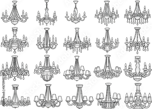 Collection of ornate vintage crystal chandeliers in a repeating pattern against a white background