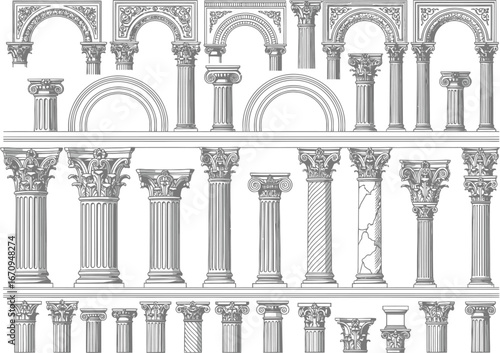Detailed architectural illustration showcasing a variety of classical columns arches and decorative elements in black and white