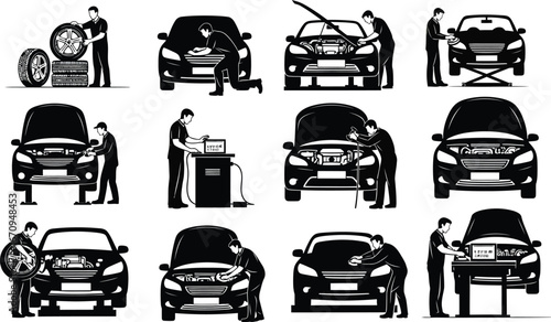 Collection of diverse car service and repair scenes featuring mechanics working on vehicles in a workshop setting